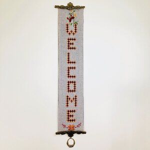 Hardanger WELCOME Bell Pull Hand Embroidered Butterfly Brass Hanger 31"